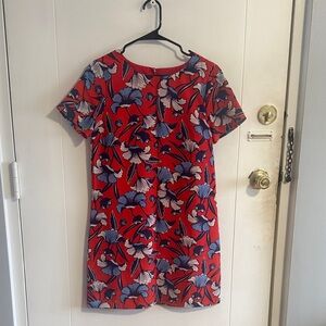 J. Crew Vibrant Red Dress with Blue and White Floral Design